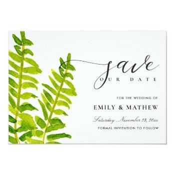 Green Gold Watercolour Fern Foliage Save The Date Front View