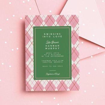 green pink argyle golf swing bridal shower invitation