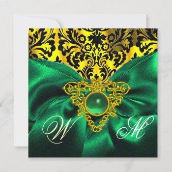 green ribbon gold celtic heart  damask monogram invitation