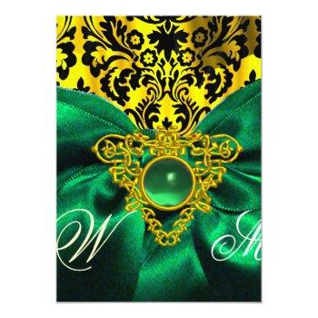 Green Ribbon Gold Celtic Heart  Damask Monogram Invitation Front View