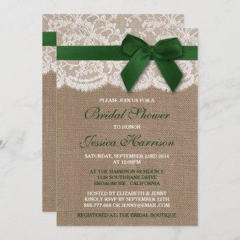 green ribbon on burlap & lace bridal shower invitation