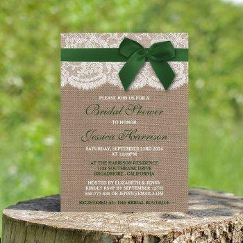 green ribbon on burlap & lace bridal shower invitation