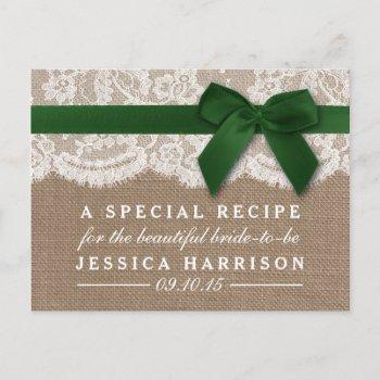 green ribbon on burlap & lace bridal shower recipe invitation postcard