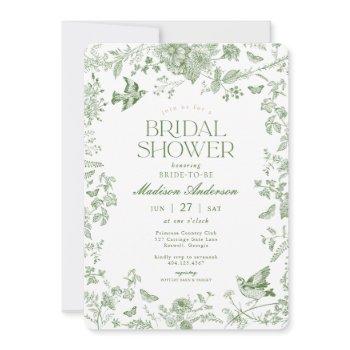 green toile de jouy vintage floral bridal shower invitation