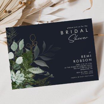 greenery and gold leaf | dark navy bridal shower invitation