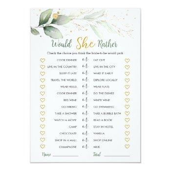 Greenery Would She Rather Bridal Shower Game Invitation Front View