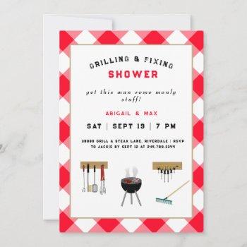 grilling & fixing couples wedding shower red invitation