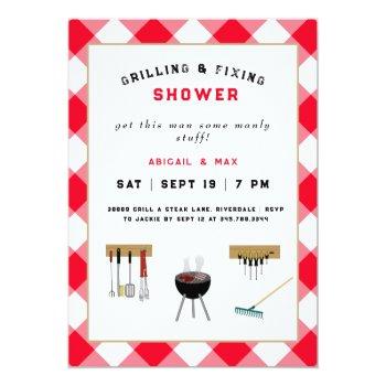 Grilling & Fixing Couples Wedding Shower Red Invitation Front View