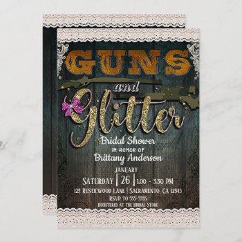 guns and glitter wood lace rustic bridal shower invitation