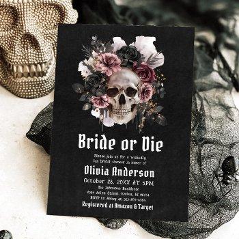 halloween floral skull bride or die bridal shower invitation