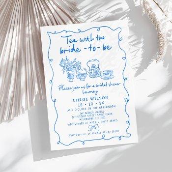 hand drawn blue whimsical tea bridal shower  invitation