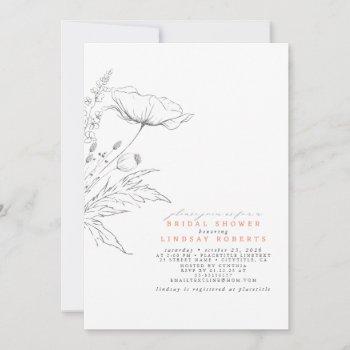 hand-drawn wildflowers elegant peach bridal shower invitation