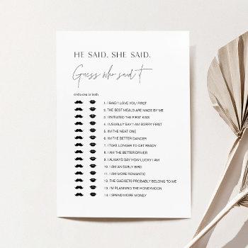 harlow he said, she said bridal shower game card