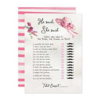 he said, she said derby pink hat bridal game in invitation