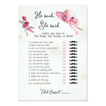 He Said, She Said Derby Pink Hat Bridal Game In Invitation Front View