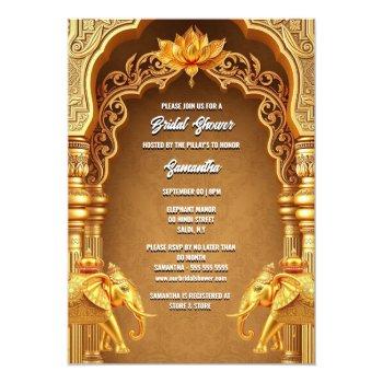Hindi Hindu Gold Elephants Lotus Flower Asian Invitation Front View