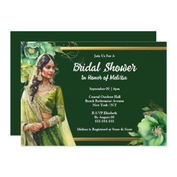 hindi indian bride dark green gold bridal shower invitation