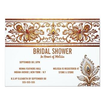 Hindi Indian Bride Gold Peacock Feather Henna Chic Invitation Front View