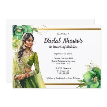 hindi indian bride green gold bridal shower invitation