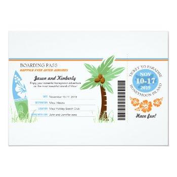 Honeymoon Gift Boarding Pass Palm Tree Surf Board Invitation Front View