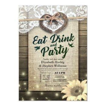 Horseshoe Sunflower Wood Eat Drink & Party Wedding Invitation Front View