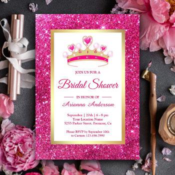 hot pink glitter tiara princess bridal shower invitation