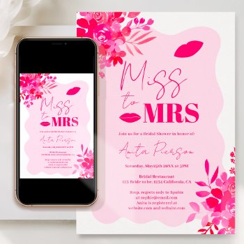 hot pink wavy frame red pink floral bridal shower invitation