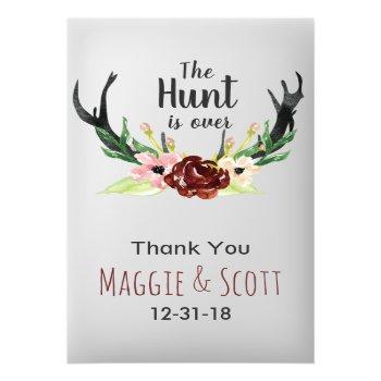 Hunt Is Over Rustic Antler Burgundy Floral Wedding Business Card Front View
