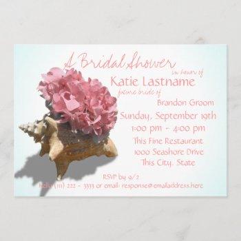 hydrangea and seashell bridal shower pink invitation