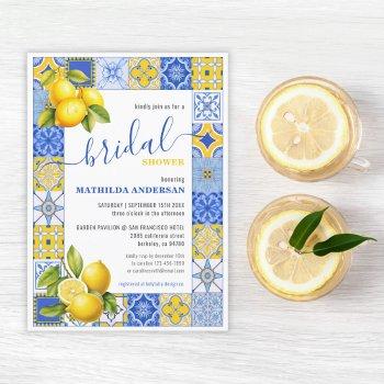 italian blue tiles lemon summer bridal shower invitation