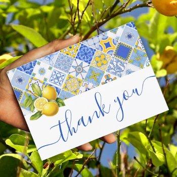 italian blue tiles lemon summer bridal shower  thank you card