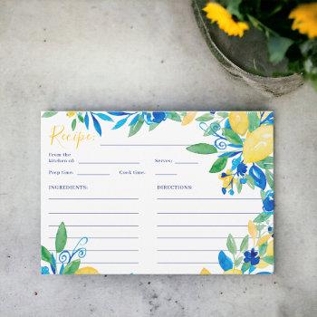 italian lemon blue floral script bridal recipe  enclosure card