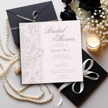 lace pearls damask pink elegant chic bridal shower invitation