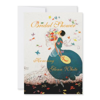 lady with flower bouquet and butterflies monogram invitation