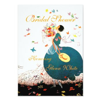 Lady With Flower Bouquet And Butterflies Monogram Invitation Front View