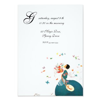 Lady With Flower Bouquet And Butterflies Monogram Invitation Front View