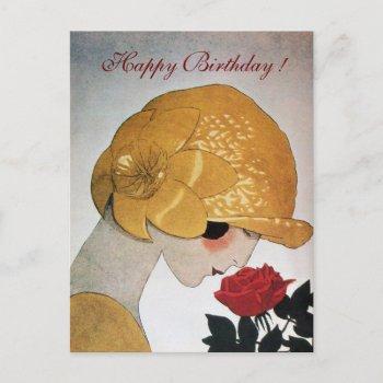 lady with red rose happy birthday postcard