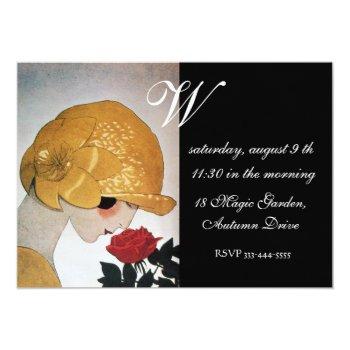 Lady With Red Rose Monogram Bridal Shower Party Invitation Front View