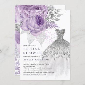 lavender silver floral wedding dress bridal shower invitation
