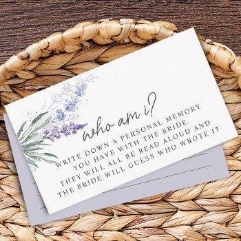 lavender who am i bridal shower game cards