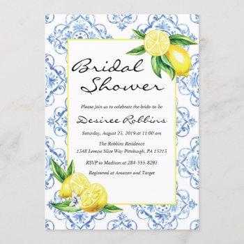 lemon bridal shower invitation, blue tile italian  invitation
