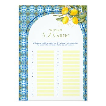 Lemon Bridal Shower Wedding A-z Game Card Front View