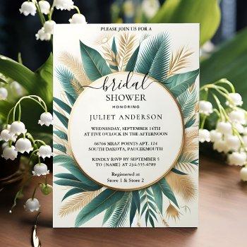 let palm tree beach green and gold bridal shower invitation