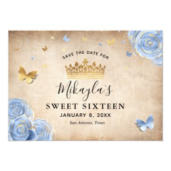 Light Baby Blue And Gold Rose Elegant Save The Date Front View