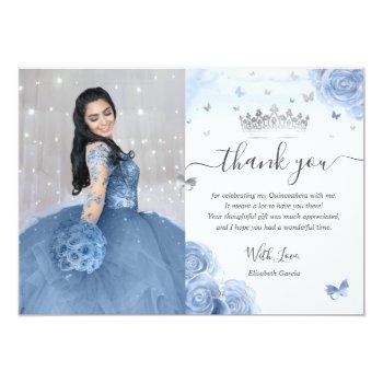 Light Baby Blue Silver Quinceañera Photo Birthday Thank You Card Front View