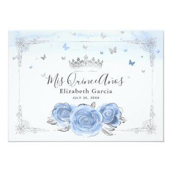 Light Baby Blue Silver Quinceañera Photo Birthday Thank You Card Front View