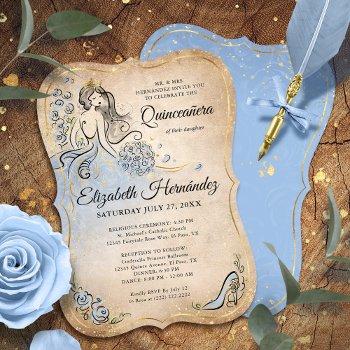 light blue and gold princess quinceanera birthday invitation