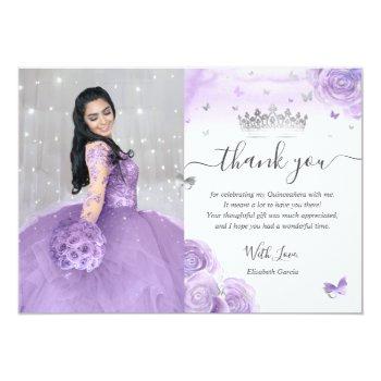 Light Purple And Silver Quinceañera Photo Birthday Thank You Card Front View