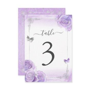 light purple and silver wedding table number cards