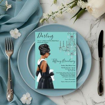 little black dress blue glam bridal shower invitation